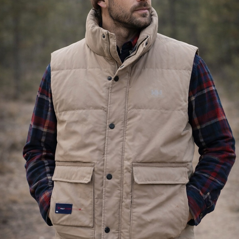 Helly Hansen Down Vest Men’s Large Tan Duck Down Insulated Outdoor Hiking